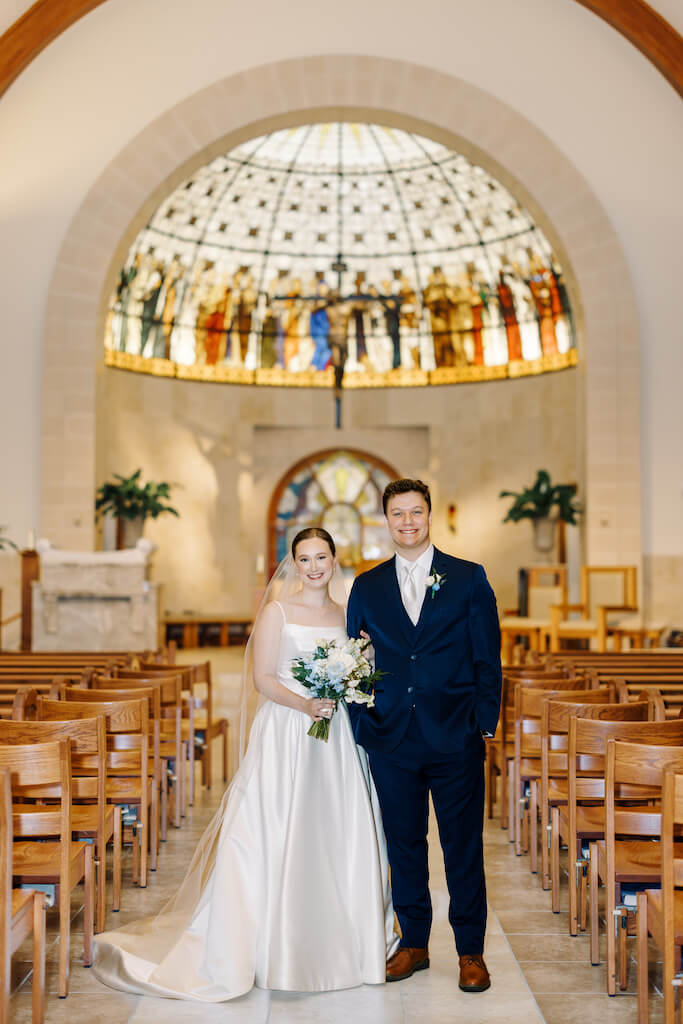 Bride and groom portrait at St. Martin De Porres Catholic Church in Lake Charles, Louisiana, photographed by Morgan Alysse Photography.