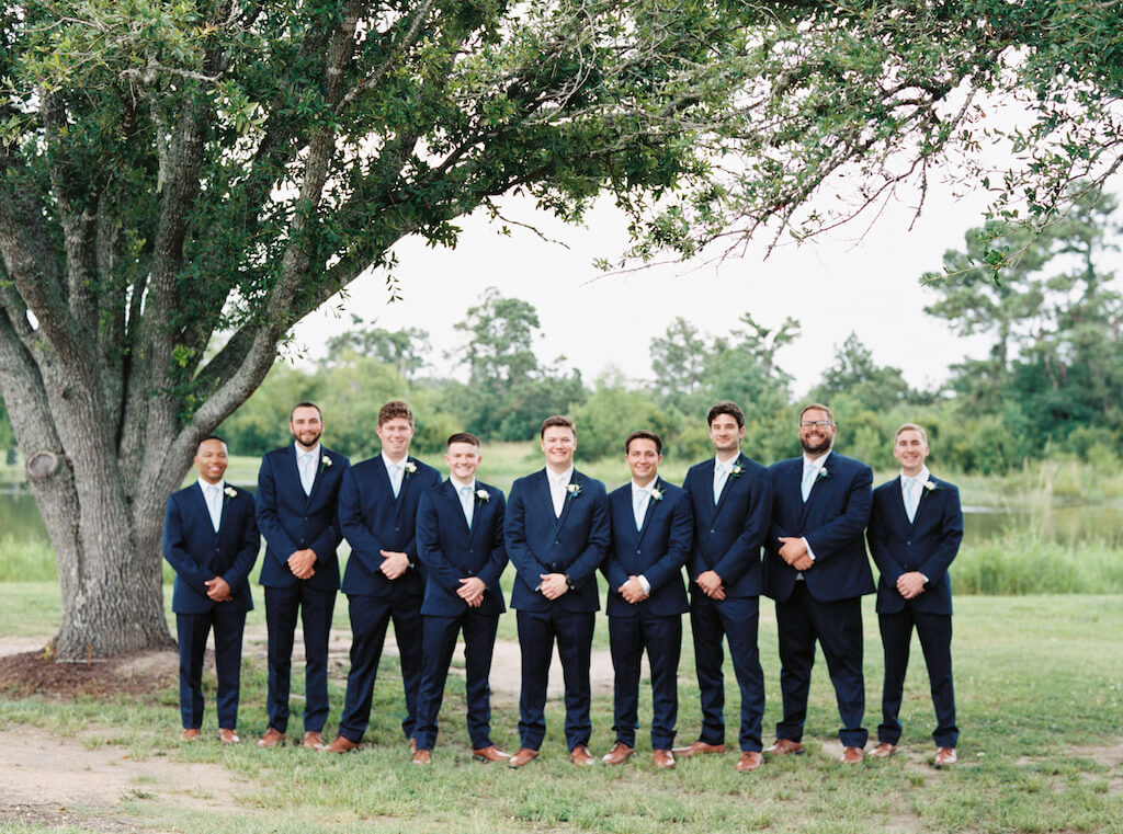 Groom and groomsmen portrait at Olivia and Landon's Oak Crossing Wedding in Lake Charles, LA, photographed by Morgan Alysse Photography.