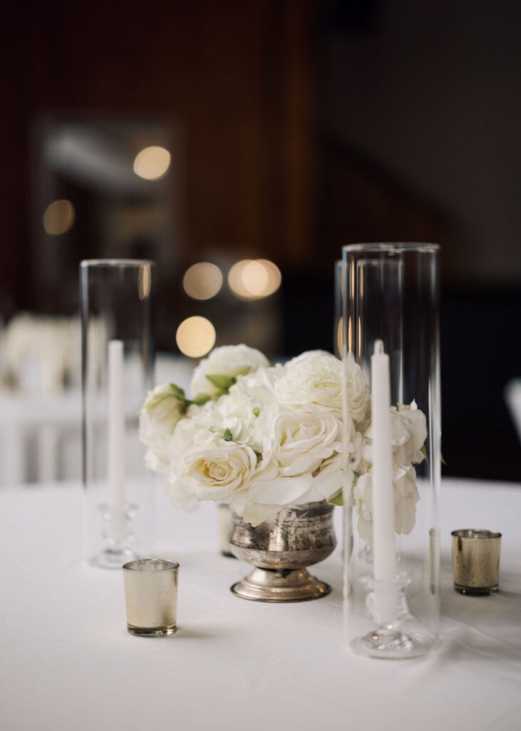 Reception table at Lauren and Colby's rainy day wedding at The Madison in Broussard, LA, photographed by Morgan Alysse Photography.