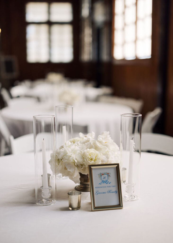 Reception table at Lauren and Colby's rainy day wedding at The Madison in Broussard, LA, photographed by Morgan Alysse Photography.