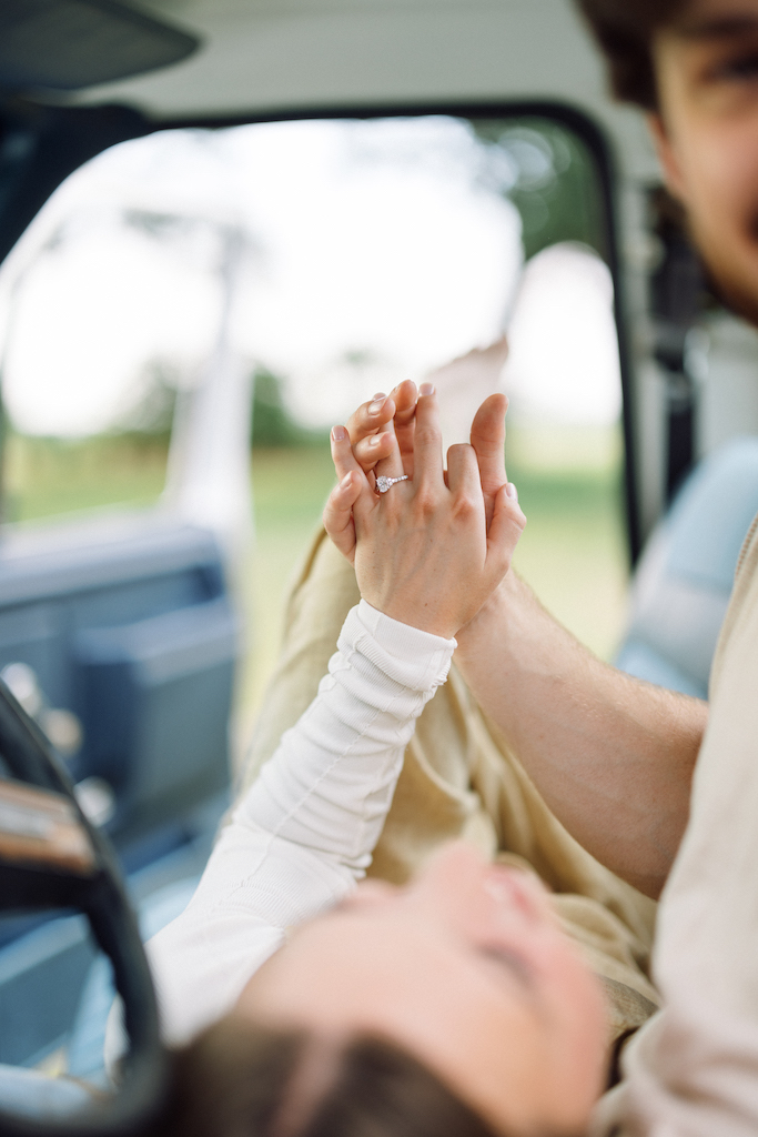 Romantic candid engagement session with a vintage truck near Lafayette, Louisiana, shot by Morgan Alysse Photography.