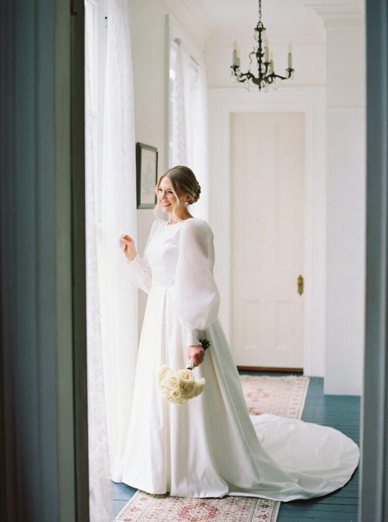 Bridal portrait photo with a white rose bouquet at Arlington Mansion taken by Morgan Alysse Photography