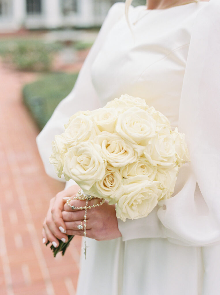 Bridal portrait photo with a white rose bouquet at Arlington Mansion taken by Morgan Alysse Photography