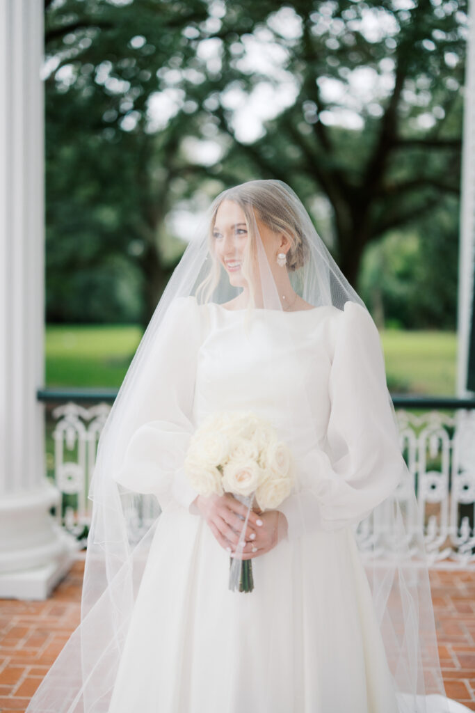 Bridal portrait photo on the terrace at Arlington Mansion taken by Morgan Alysse Photography