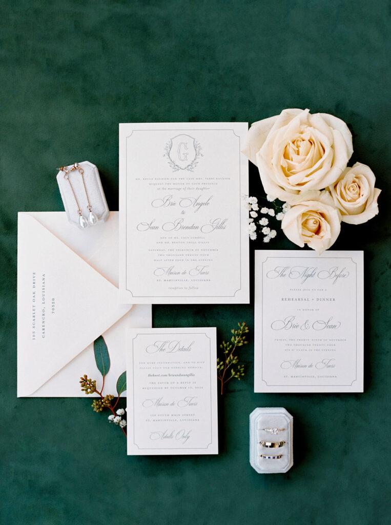 Wedding invitation suite styled with florals and gold accents