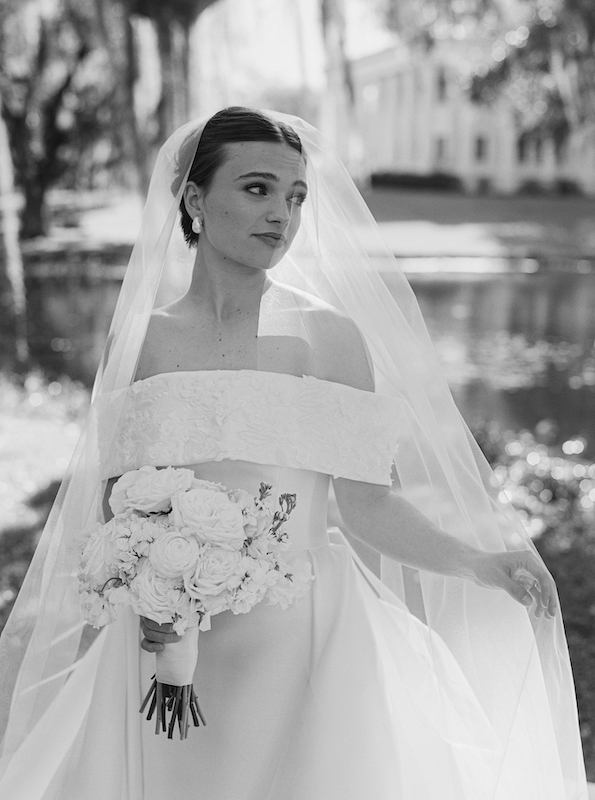 Stunning bridal portraits at Greenwood Plantation featuring an ethereal cathedral veil.